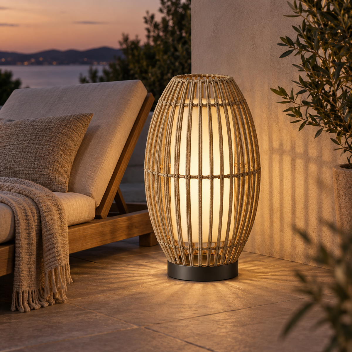 Halo Weave Floor Lantern in a considered outdoor setting