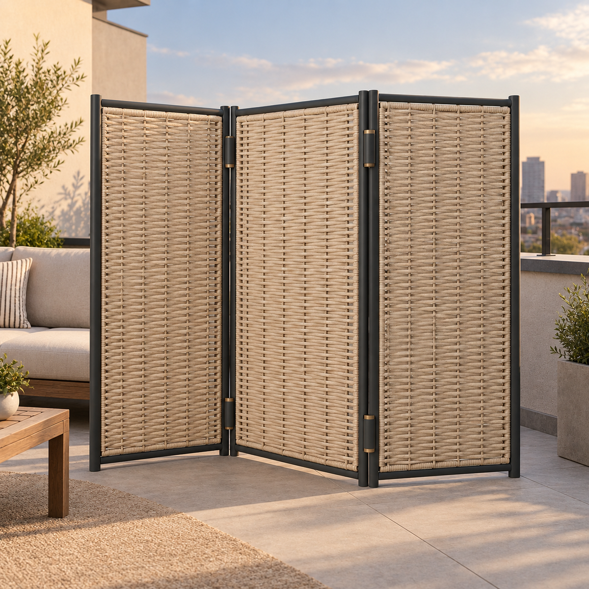 Marram Folding Wind Screen in a considered outdoor setting