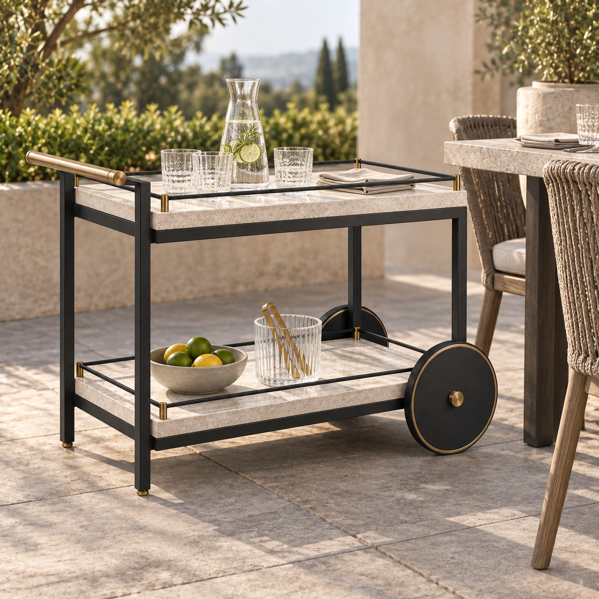 Sandbar Serving Cart in a considered outdoor setting