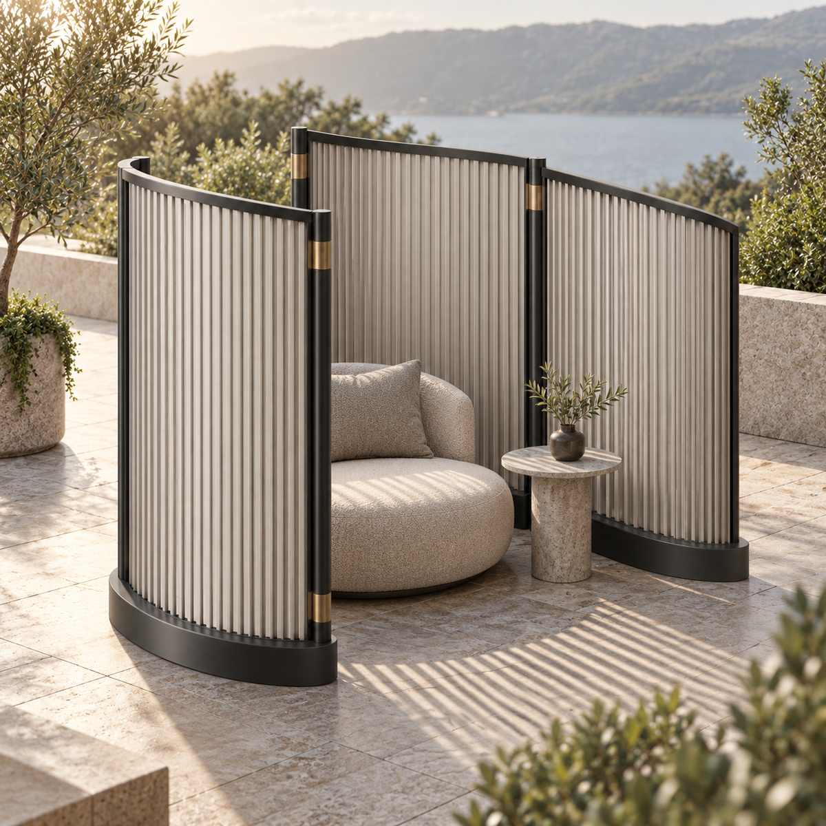 Tidal Arc Patio Screen in a considered outdoor setting